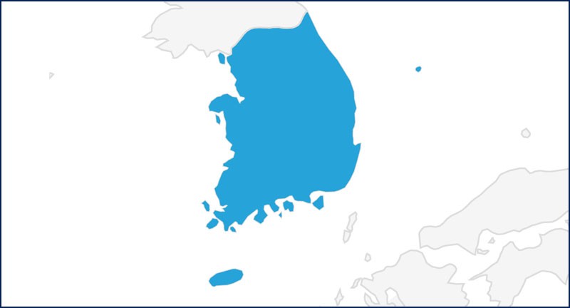 一张地图突出韩国蓝色。